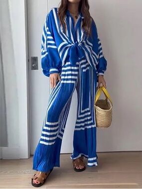 Blue Striped Wide-Leg Pants Set and blouse